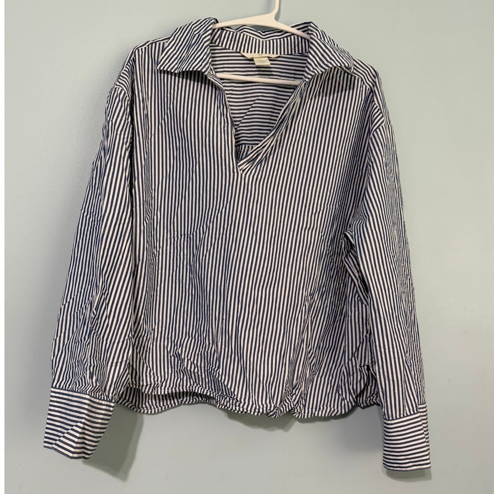 HM Women's XL Navy White Striped Popover Blouse V-Neck Long Sleeve 1041